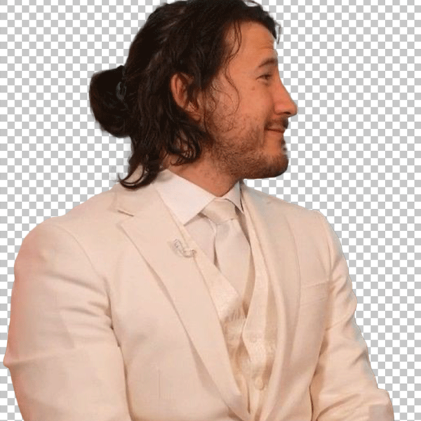 Markiplier is wearing a white suit and tie, with his hair pulled back into a ponytail.