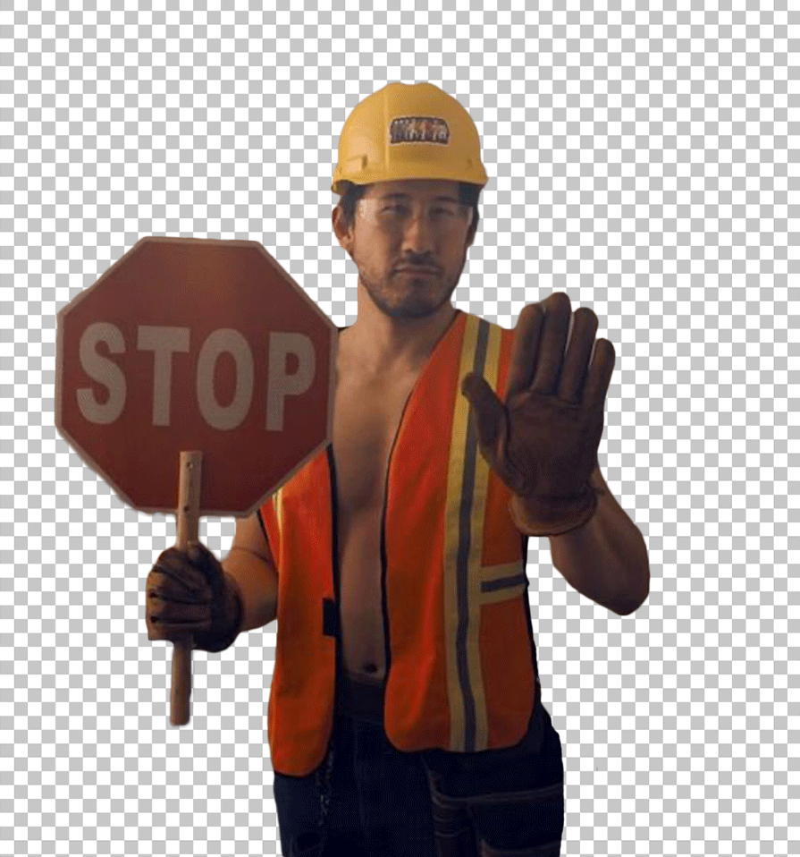 Markiplier as construction worker wearing a safety vest and hard hat, holding a stop sign.
