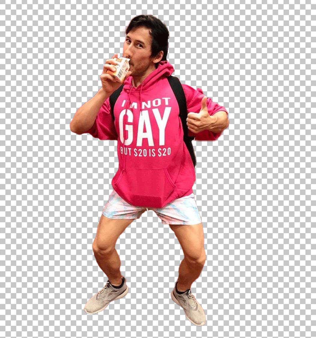 Markiplier thumbs up and wearing a pink hoodie with the words “I’m not gay” written on it.