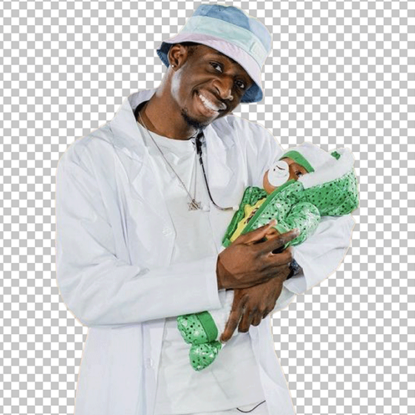 TBJZL is wearing white coat and hat and holding a baby in his arms.