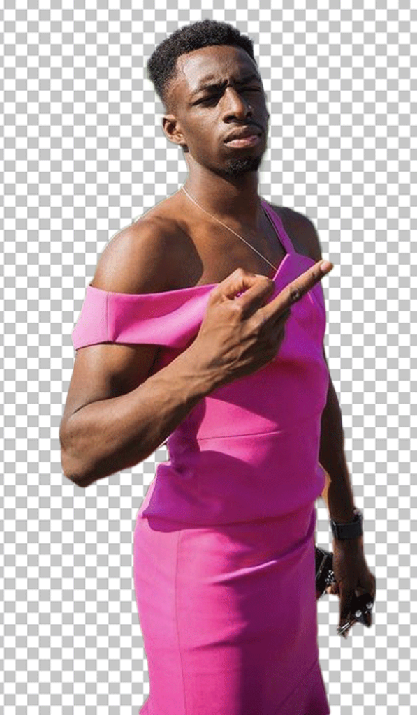 TBJZL is in a pink dress and showing his middle finger.