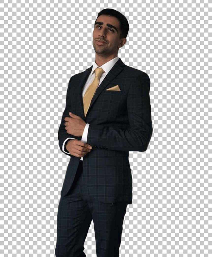 Vikram Singh Barn is standing in a suit PNG Image