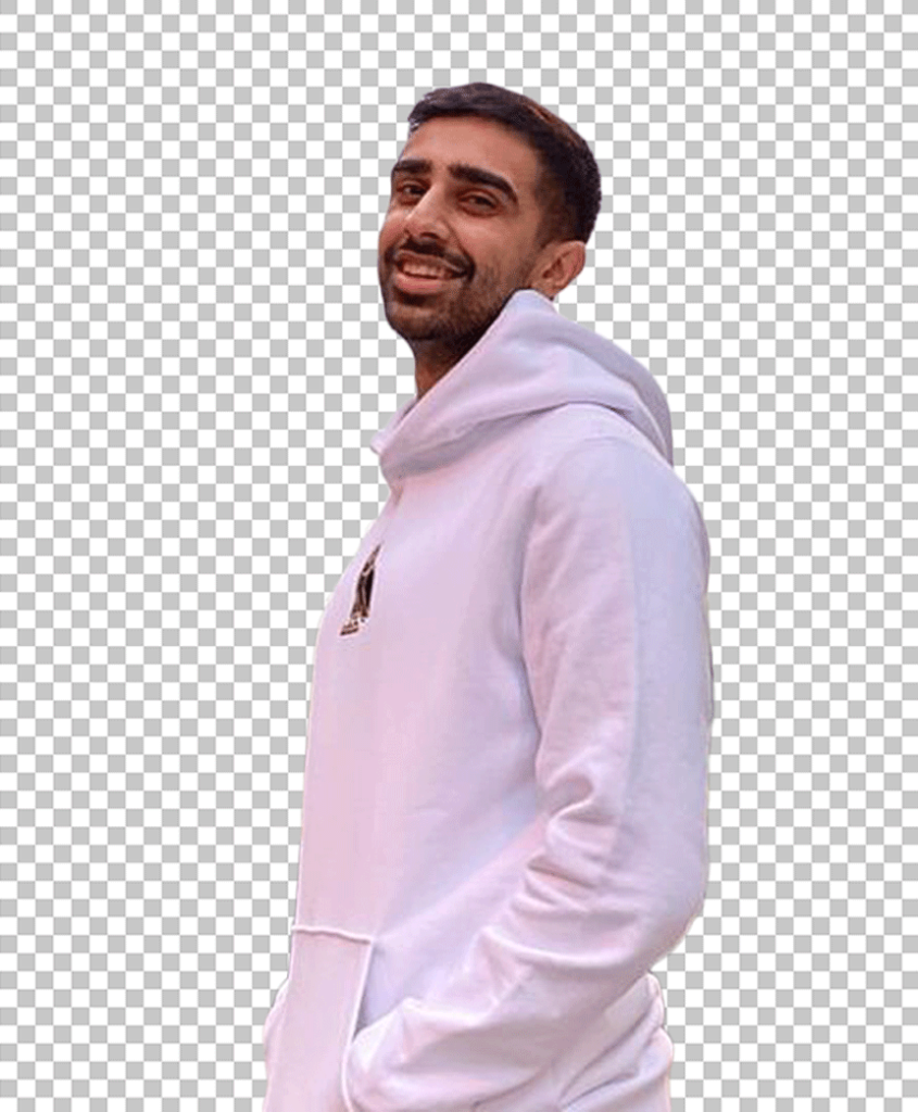 Vikram Singh Barn smiling and wearing a white hoodie PNG Image