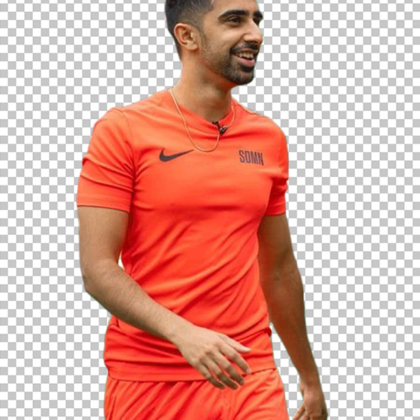 Vikkstar walking in an orange jersey and shorts (PNG image)